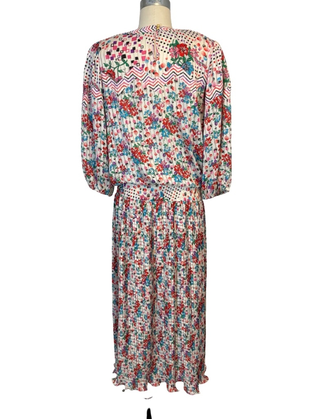 Vintage 80s Diane Freis Floral Print Dress Ruched Waist Mini Pleat Skirt - LG - Picture 4 of 10